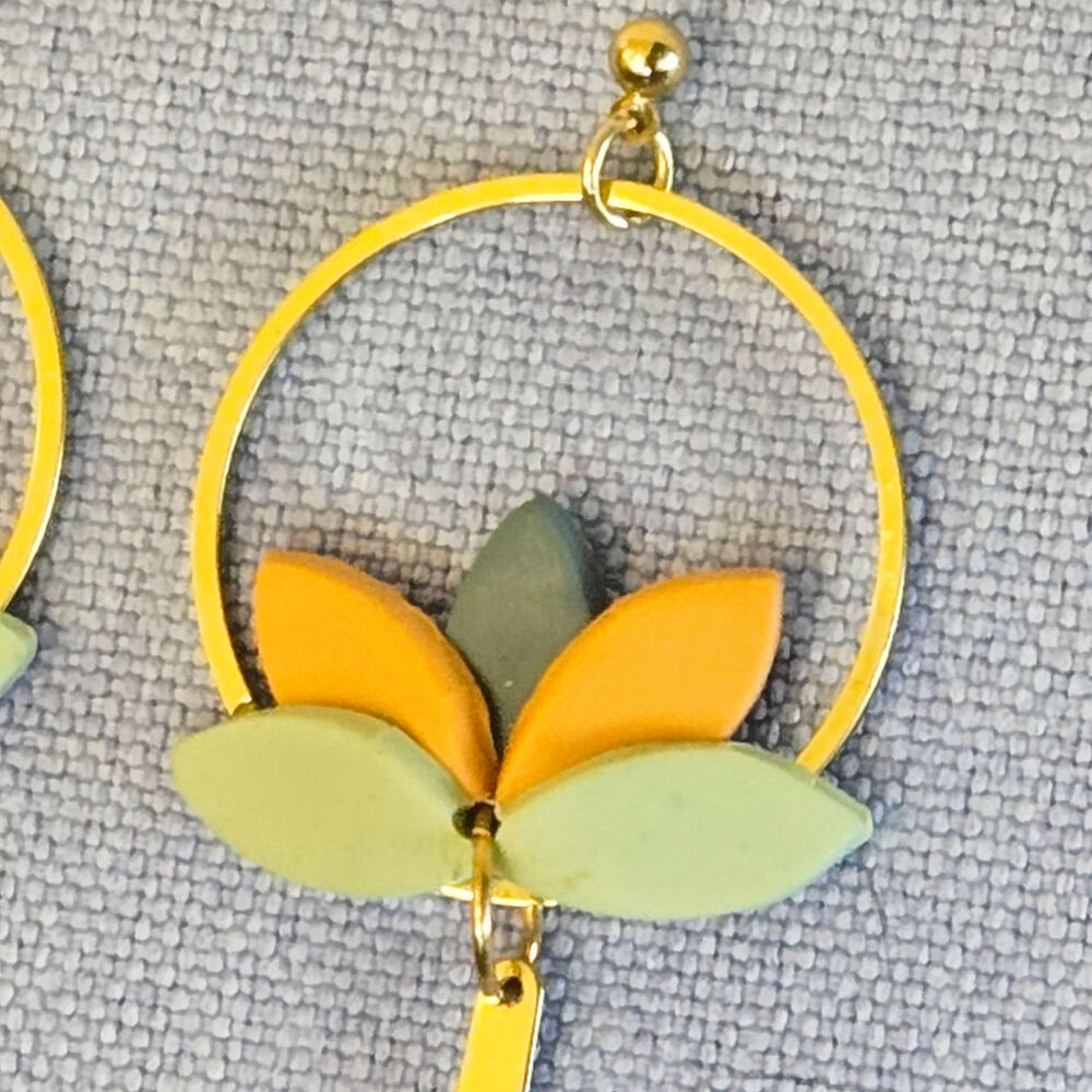 GOLD LOTUS HOOP EARRINGS DANGLE - Picture 3 of 3